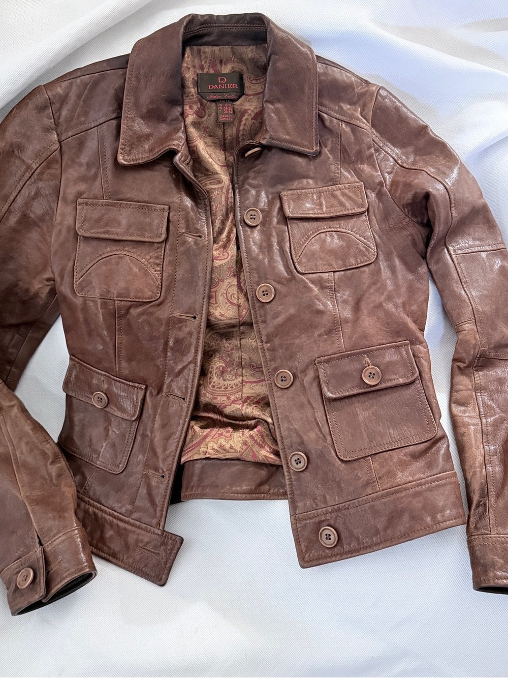 Danier Vintage Italian Leather Jacket Medium Brown Safari Utility XS